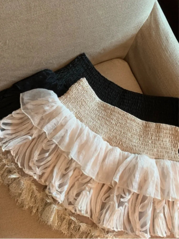 Spring Sweet Sle Cake Ort Skirt High Waist Women'S Lace Trim A-Line Skirt Slimming Versatile Ort Dres