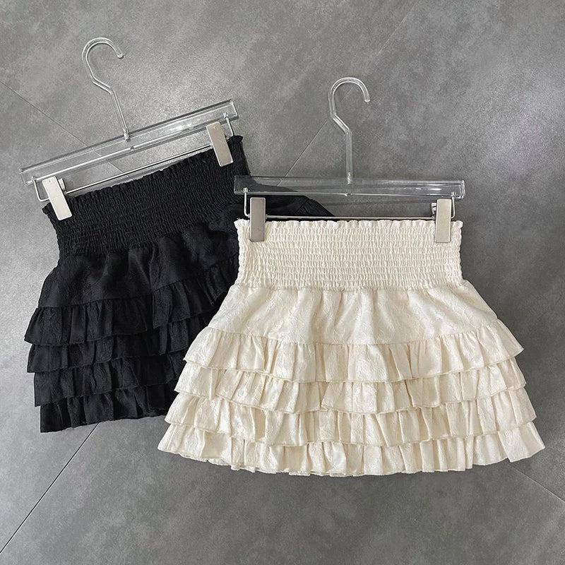 Streetwear Y2K Ruffles Mini Skirts Women Sweet Kawaii High Waist Lace a Line Skirt Summer Korean Fashion Black Ball Gown Skirts