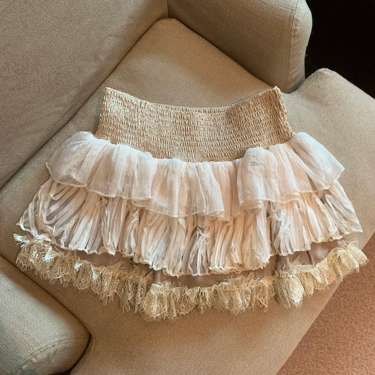 Spring Sweet Sle Cake Ort Skirt High Waist Women'S Lace Trim A-Line Skirt Slimming Versatile Ort Dres