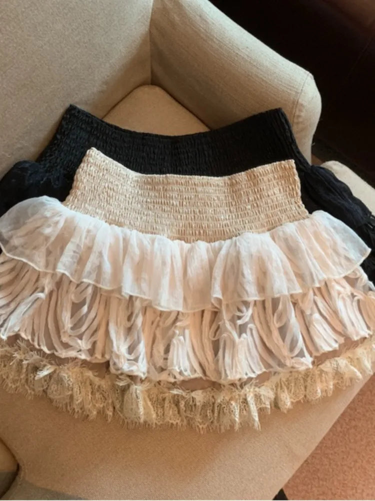 Spring Sweet Sle Cake Ort Skirt High Waist Women'S Lace Trim A-Line Skirt Slimming Versatile Ort Dres