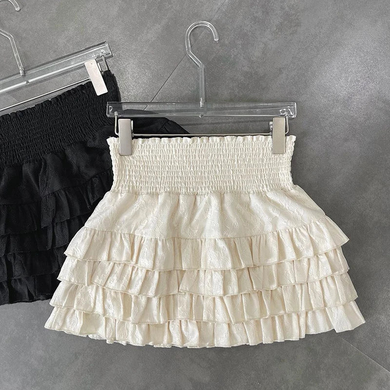 Streetwear Y2K Ruffles Mini Skirts Women Sweet Kawaii High Waist Lace a Line Skirt Summer Korean Fashion Black Ball Gown Skirts