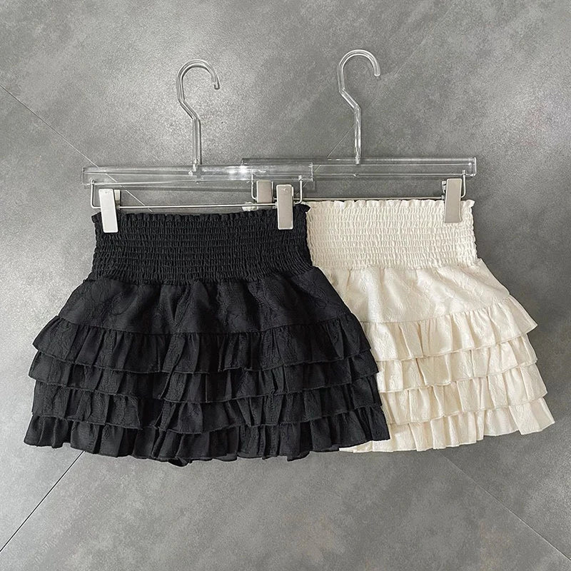 Streetwear Y2K Ruffles Mini Skirts Women Sweet Kawaii High Waist Lace a Line Skirt Summer Korean Fashion Black Ball Gown Skirts
