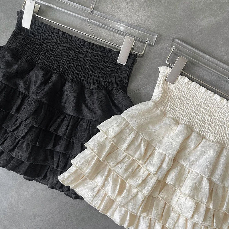 Streetwear Y2K Ruffles Mini Skirts Women Sweet Kawaii High Waist Lace a Line Skirt Summer Korean Fashion Black Ball Gown Skirts