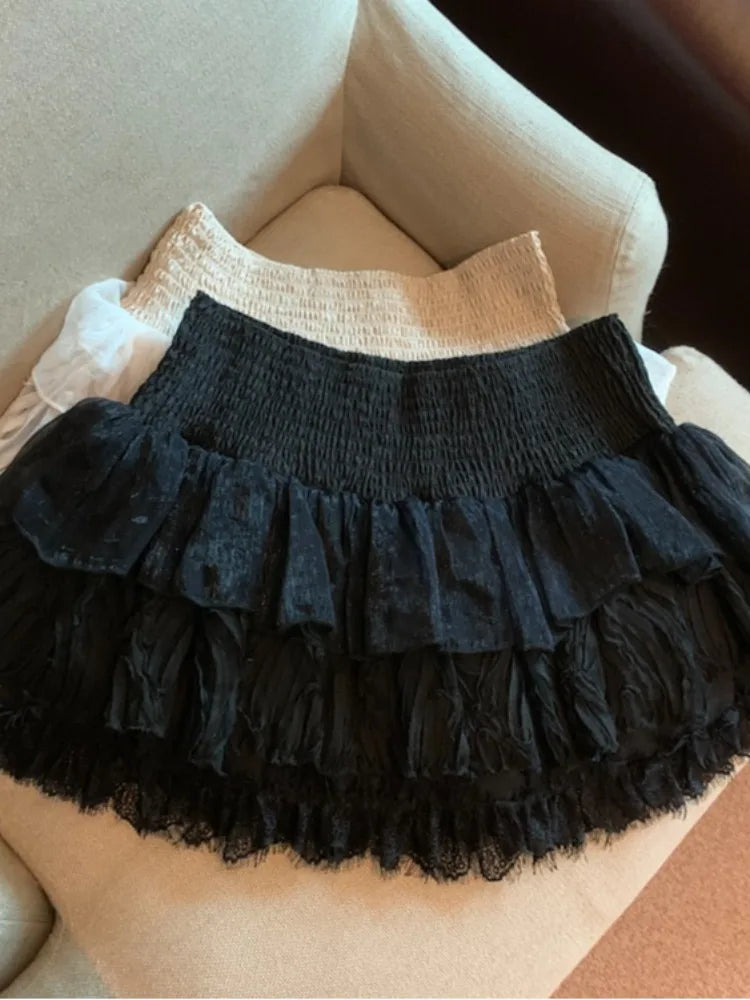 Spring Sweet Sle Cake Ort Skirt High Waist Women'S Lace Trim A-Line Skirt Slimming Versatile Ort Dres