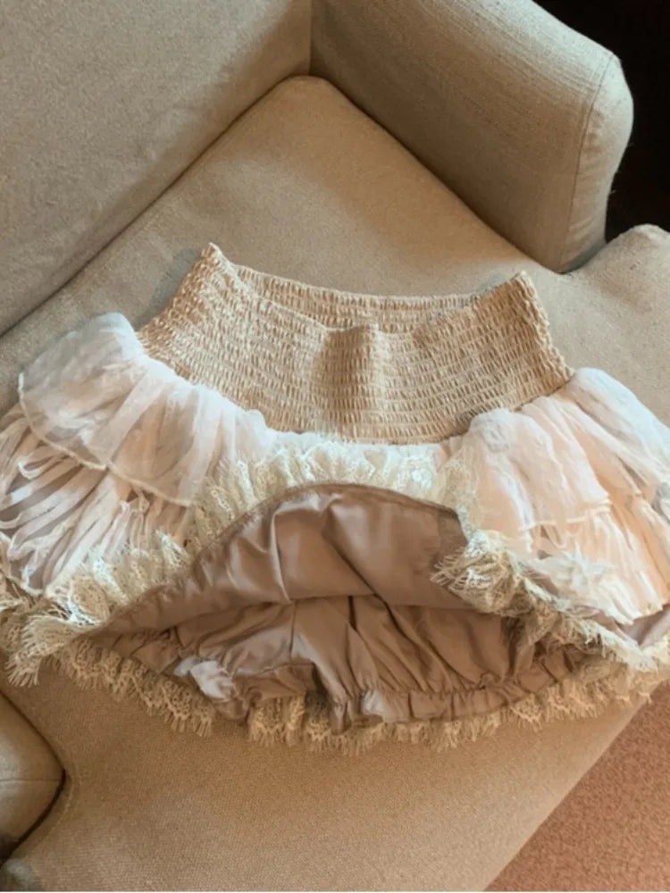 Spring Sweet Sle Cake Ort Skirt High Waist Women'S Lace Trim A-Line Skirt Slimming Versatile Ort Dres